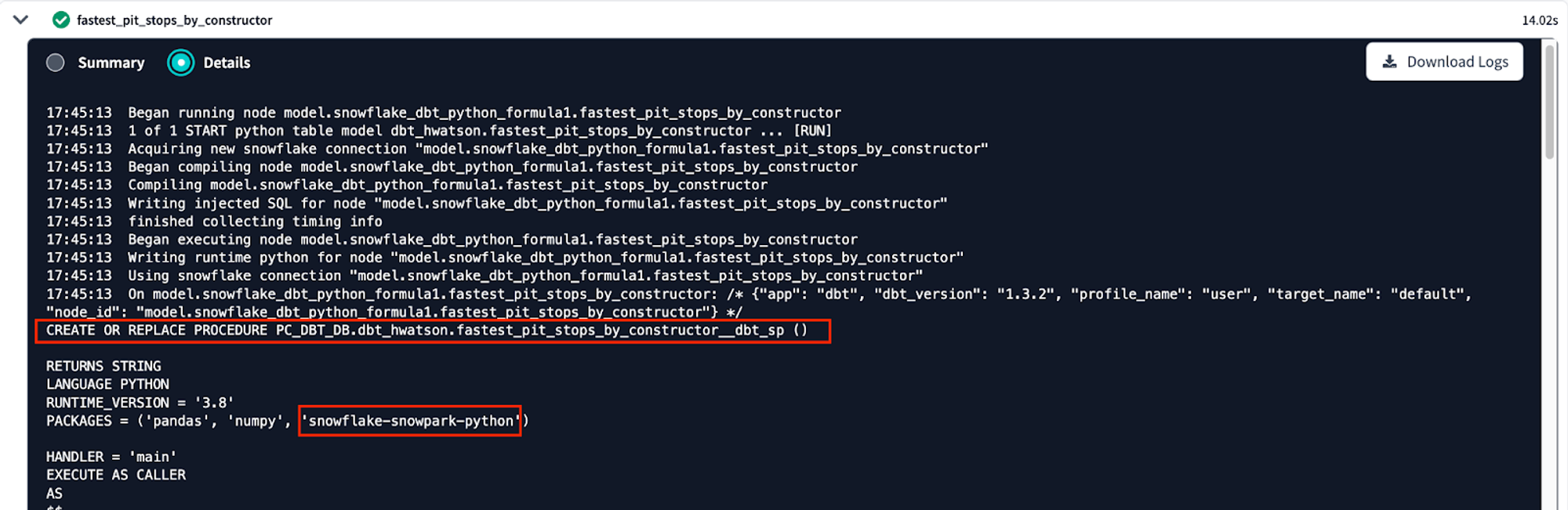 We can see our python model is run a stored procedure in our personal development schema We can see our python model is run a stored procedure in our personal development schema
